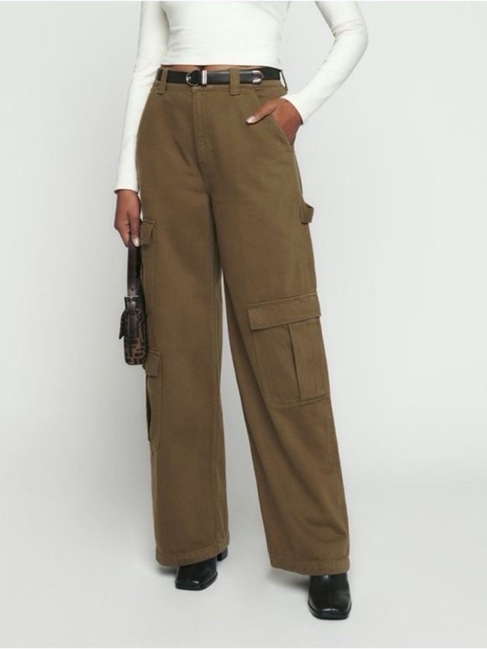 Reformation Landy Wide Leg Cargo Jeans Dark Olive